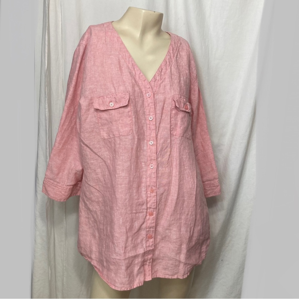Orvis linen pink button down shirt quarter sleeves large